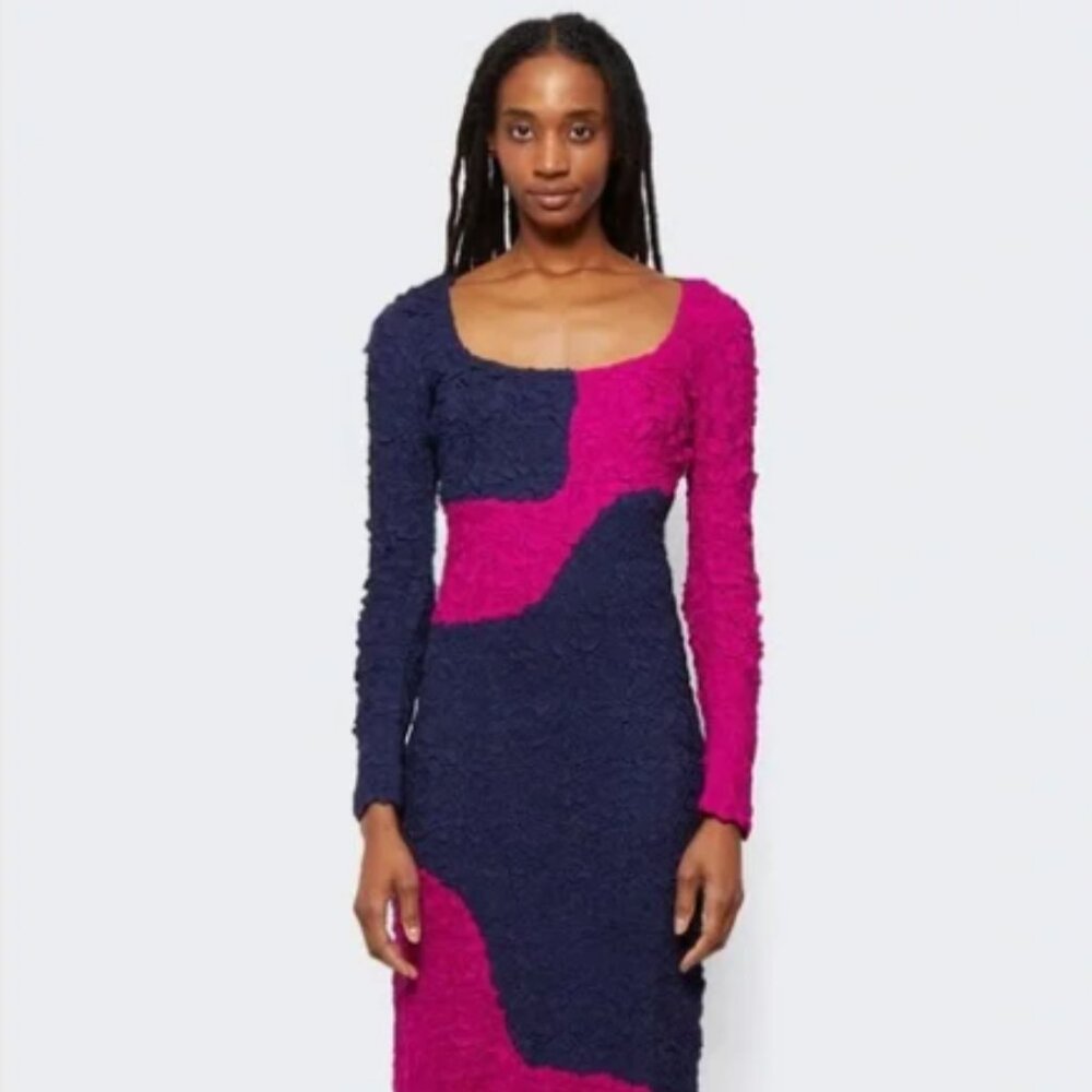 Mara Hoffman Amy Popcorn Midi Dress in Navy Blue and Pink